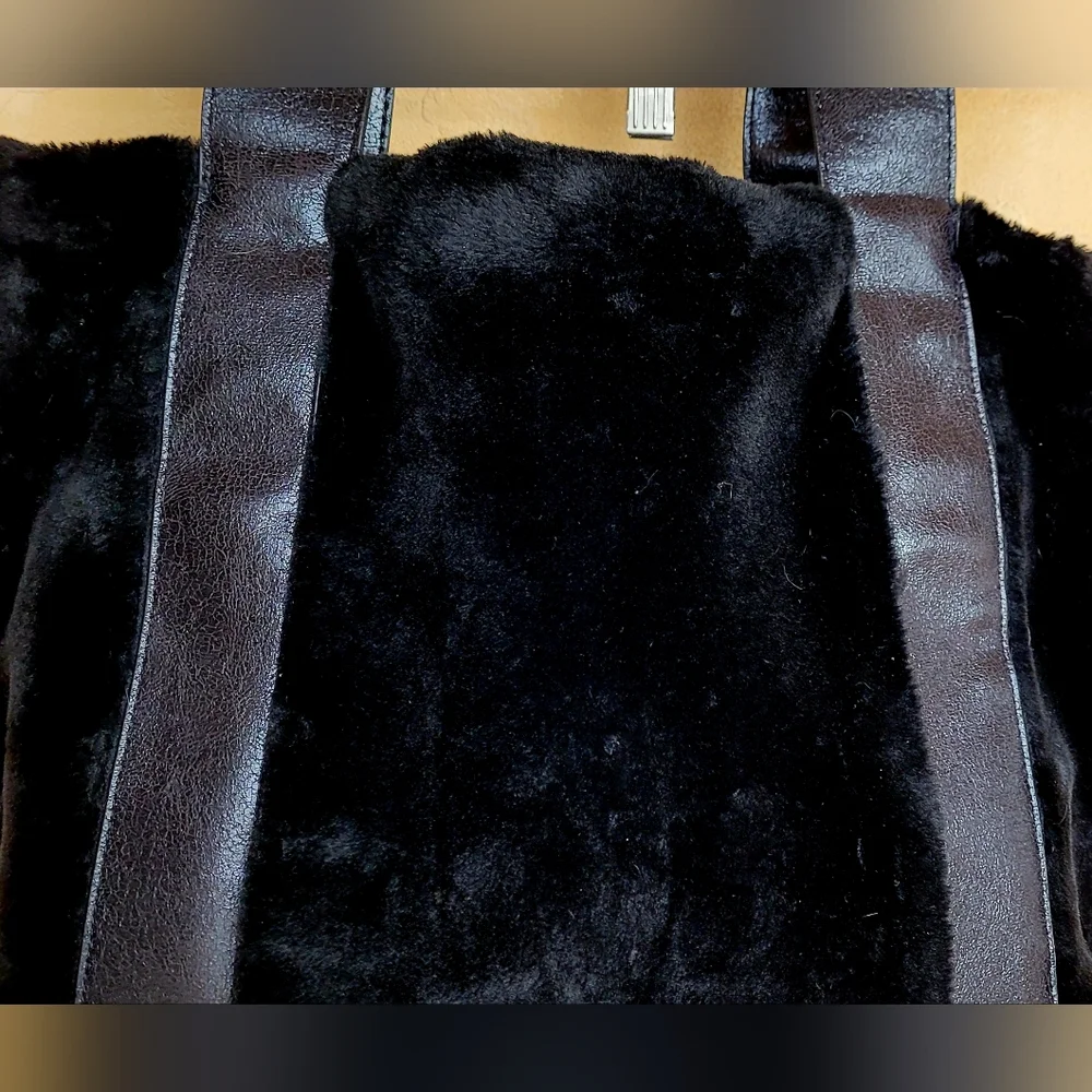 Sondra Roberts Classic Square Black Faux Fur Open Tote Bag + Gunmetal ZipCase